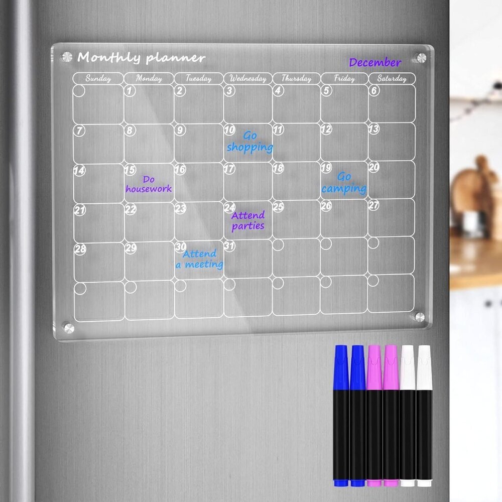 Acrylic Magnetic Dry Erase Board Calendar for Fridge, Monthly Calendar, 16"x12"